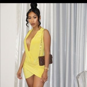 Chartreuse draped deep plunge slinky mini dress